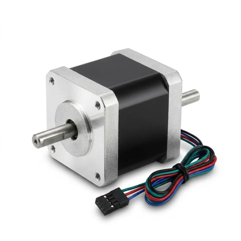 Custom dual-shaft stepper motor for manual handwheel and encoder integration